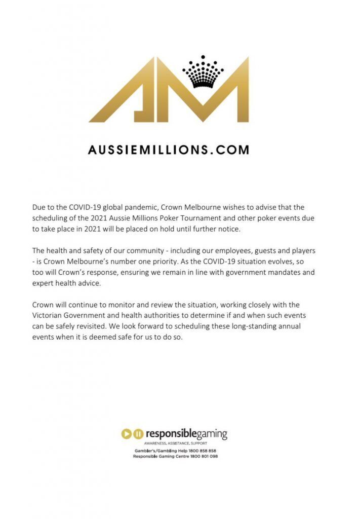 Aussie Millions 2021 cancellation