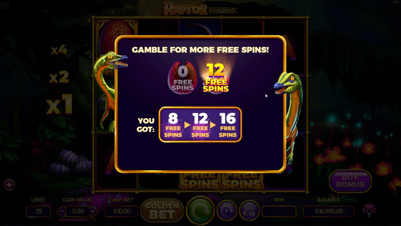 Raptor Doublemax Gamble freespins feature