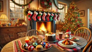 Christmas table and Christmas tree decorated with ornaments and food from different countries.