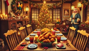 Fried chicken at the christmas dinner table for good luck. 